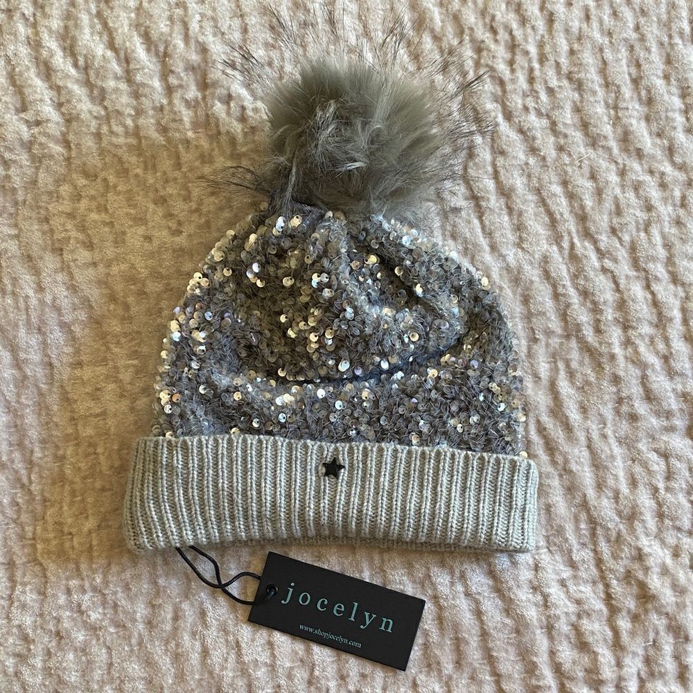 Jocelyn Silver Sequin Beanie with Pom-Pom